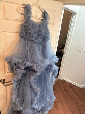 Dusty Blue Ruffled Tulle Formal Dress for Girls - Tiered Party Gown
